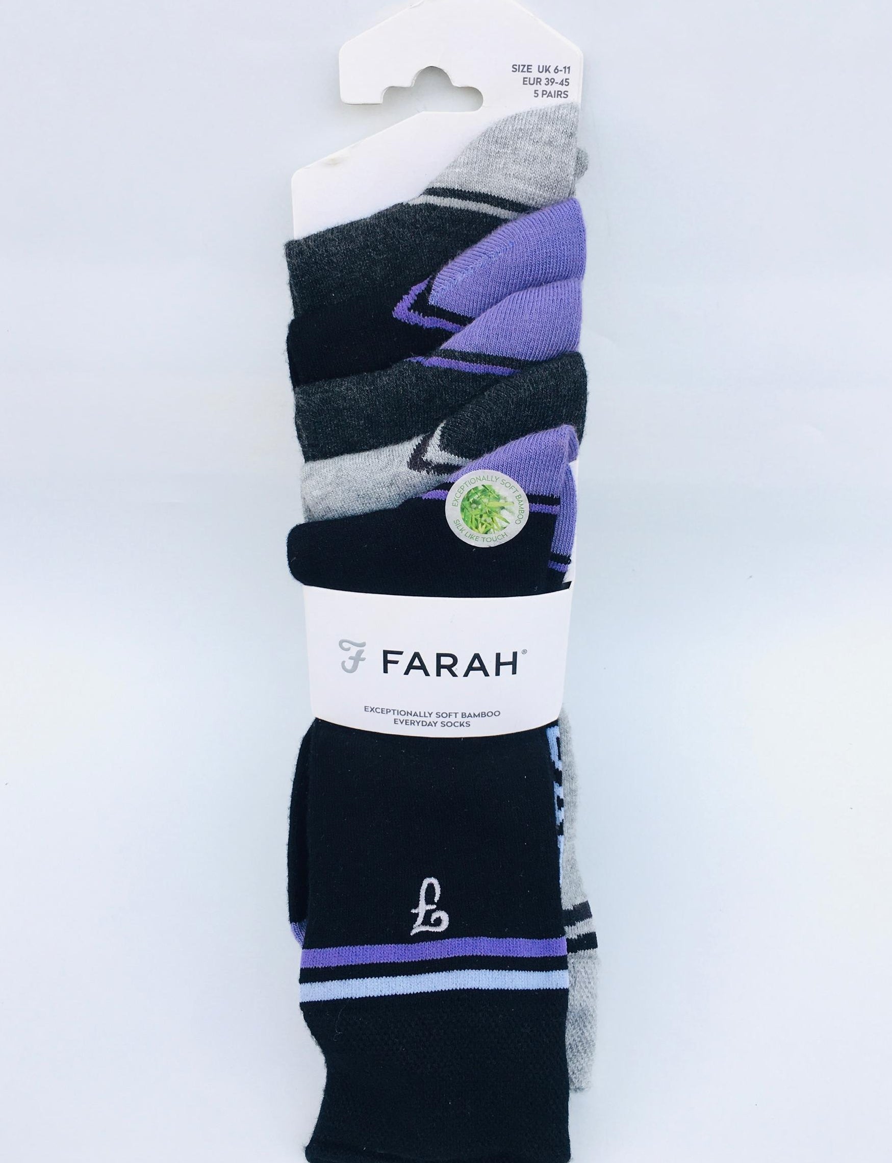 Farah Exceptionally Soft Bamboo  Everyday 5 Pairs of Socks Size; UK 7-11