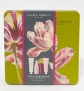 Laura Ashley White Tea & Jasmine Mini Indulgence Collection, a bath and body gift set packaged in a floral in tin