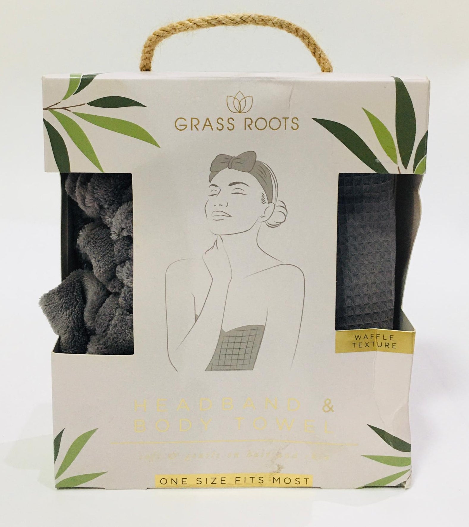 Grass Roots brand headband and body towel set features a distinctive waffle texture and is designed to fit most body types