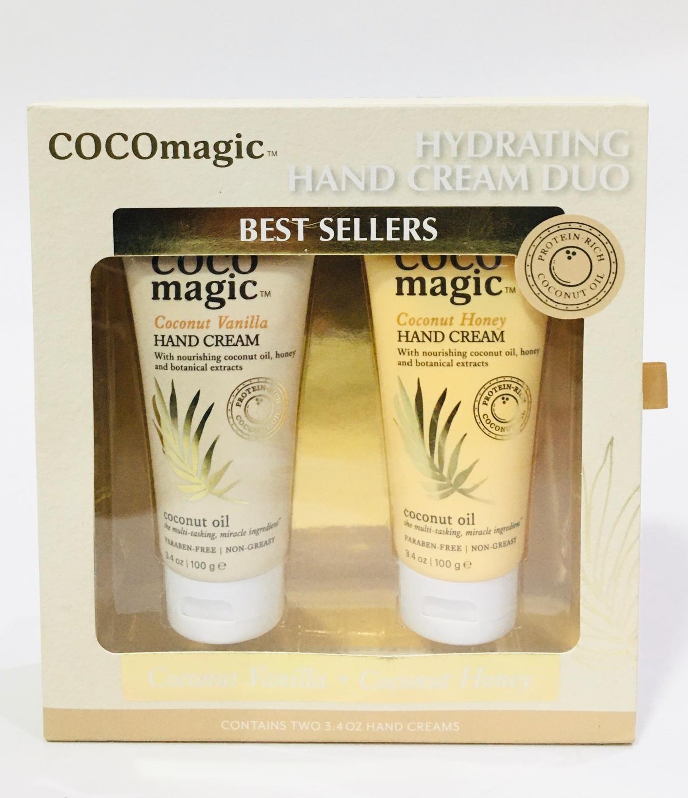 COCOmagic Hydrating Hand Cream Duo features coconut oil and botanical extracts in vanilla and honey scents.