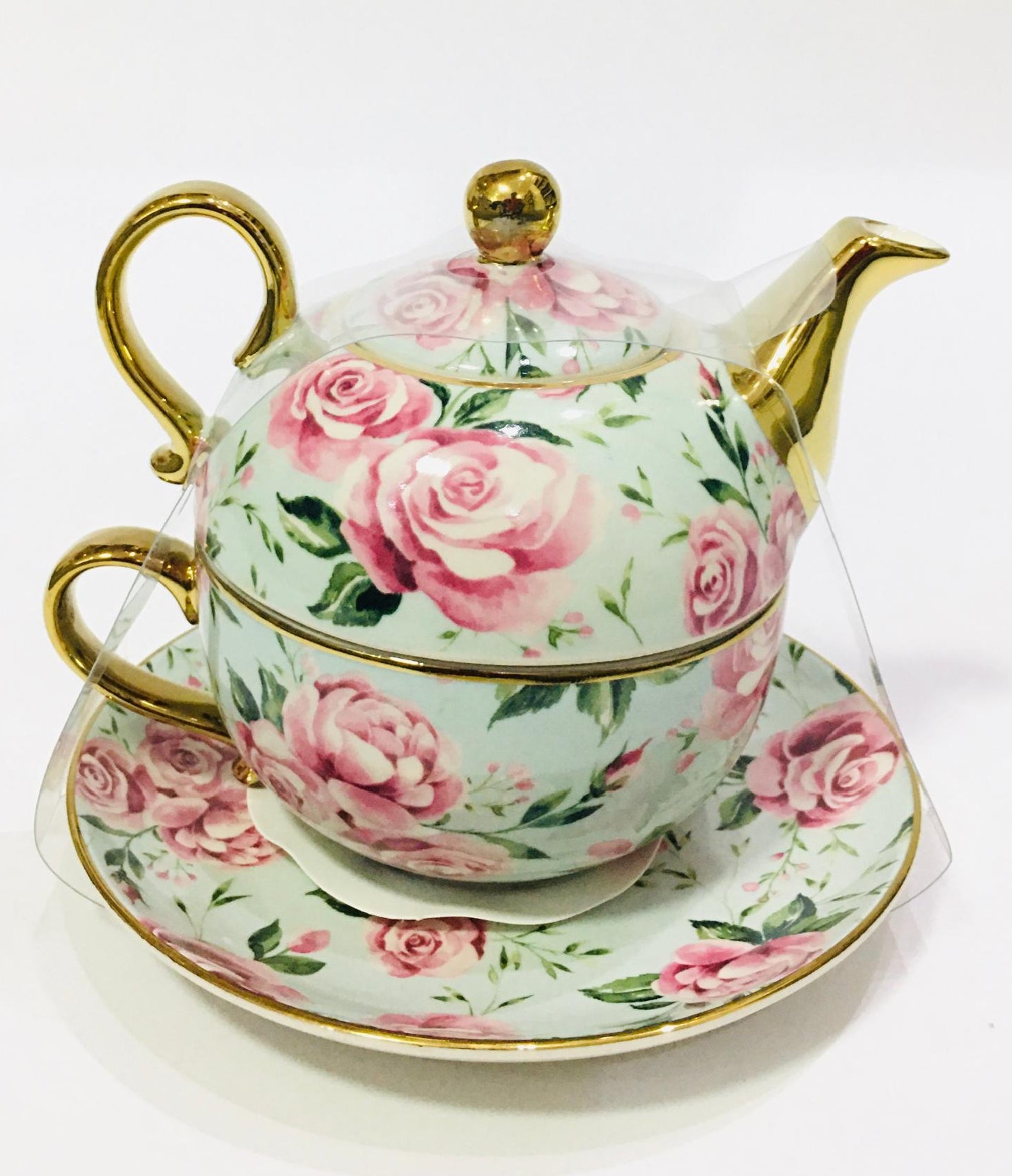 Nutmeg Bold Floral Tea For One stackable teapot set featuring a floral rose pattern with gold trim
