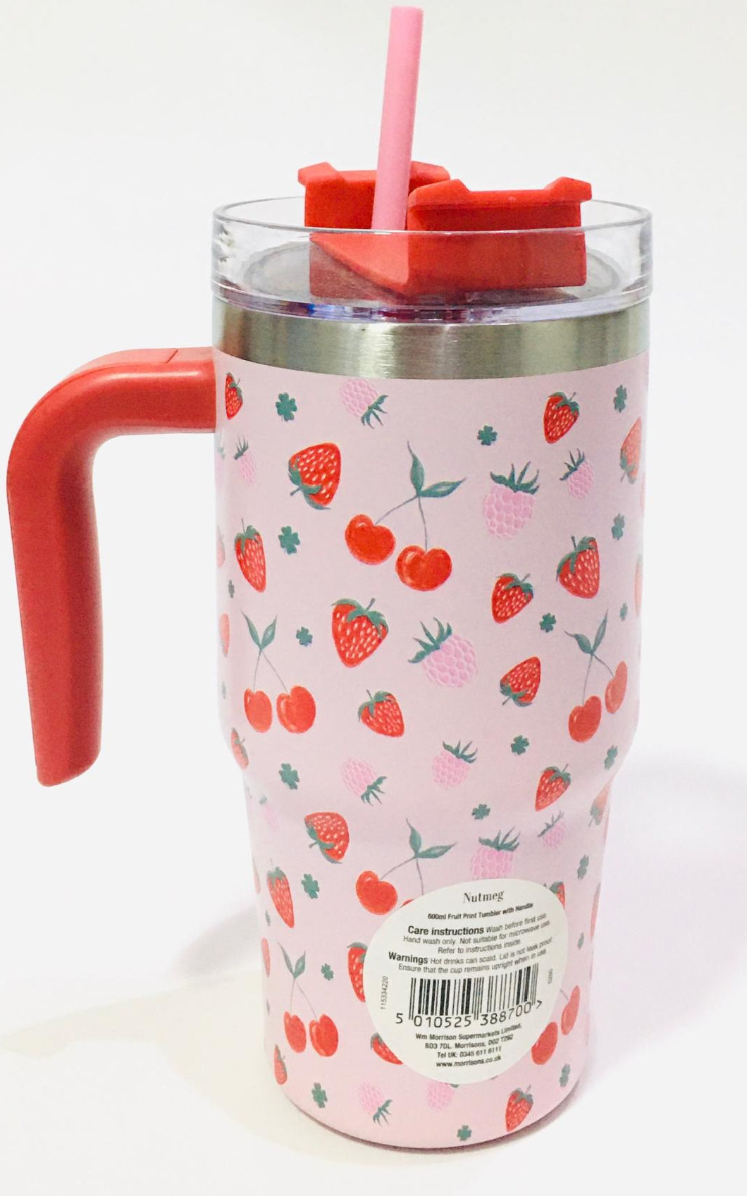 Nutmeg 600ml Strawberry Print Tumbler With Handle