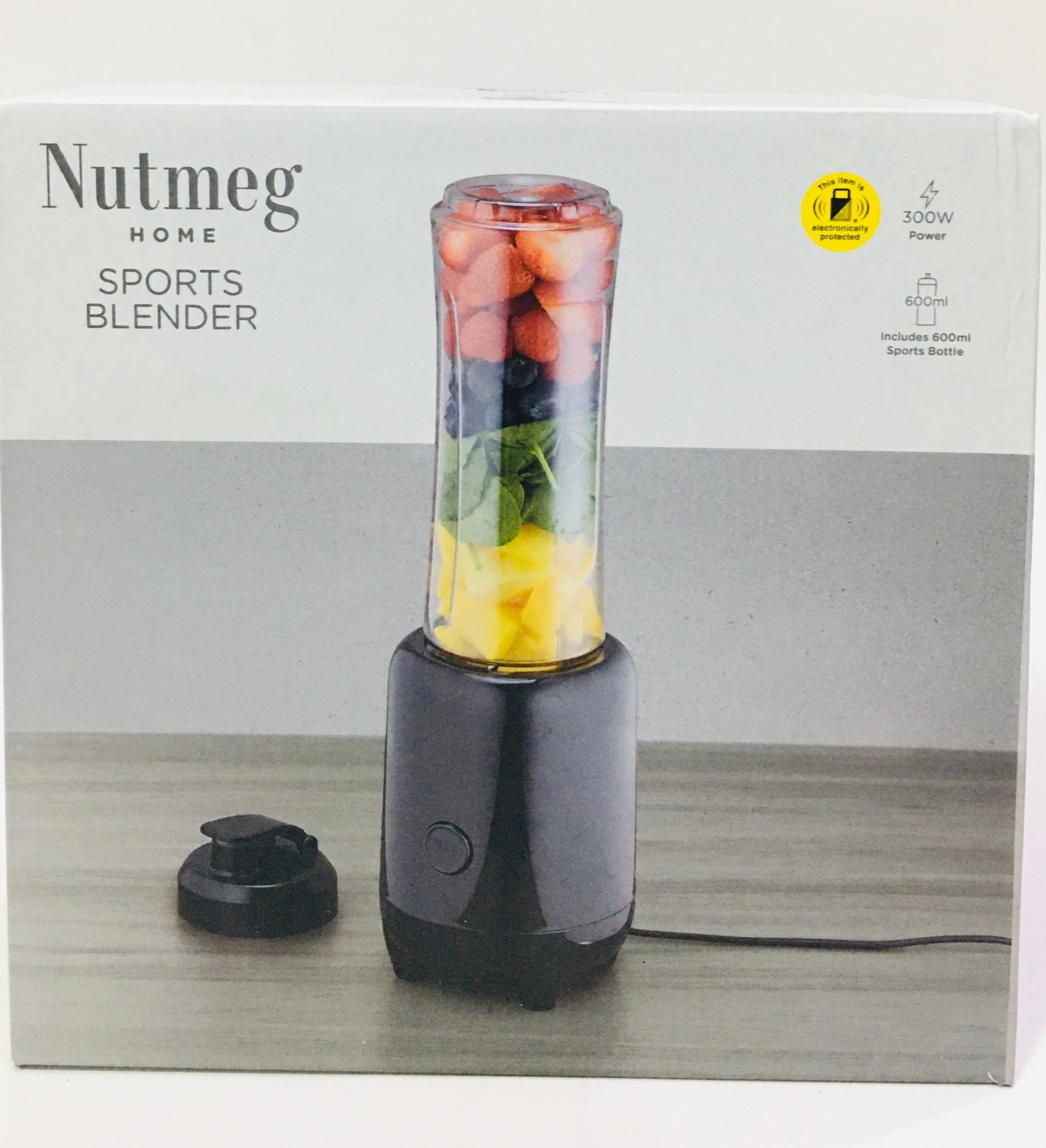 The Nutmeg Home Sports Blender. Power: 300W motor suitable for blending fruits. Capacity: Includes a 600ml bottle for blending and on-the-go use.