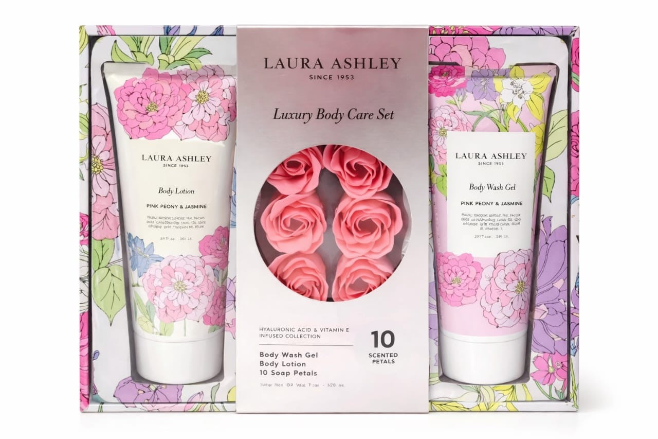 12-piece Laura Ashley Luxury Body Care Set featuring a Pink Peony & Jasmine scent.