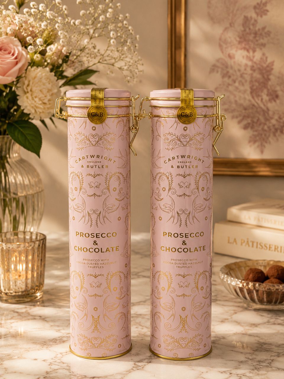 CARTWRIGHT & BUTLER PROSECCO & CHOCOLATE WITH COCOA DUSTED HAZELNUT AND TRUFFLES