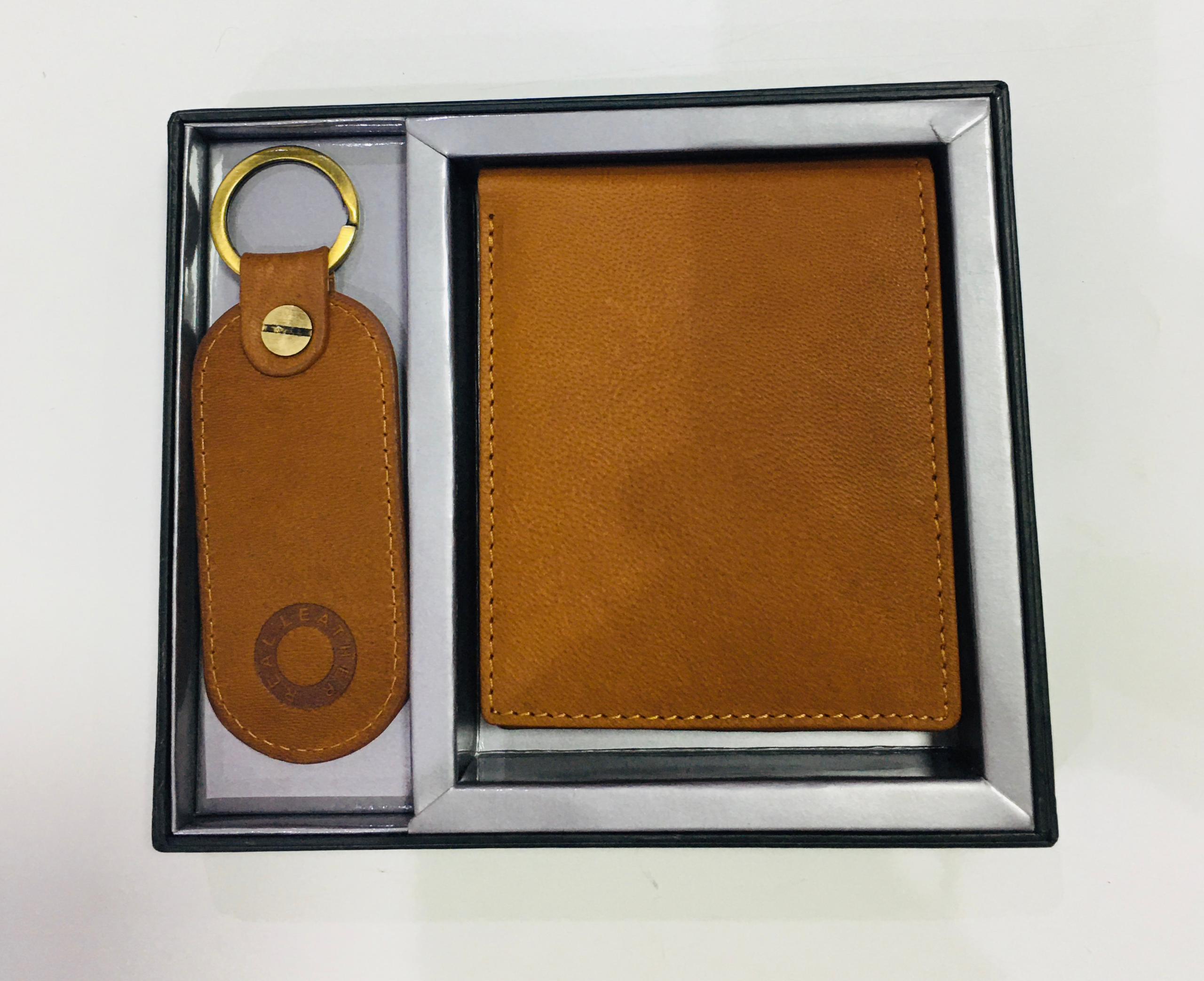 Rfid real leather brown wallet and key ring